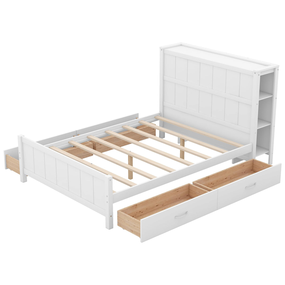 Merax Full Size Platform Bed with Drawers and Storage Shelves, White