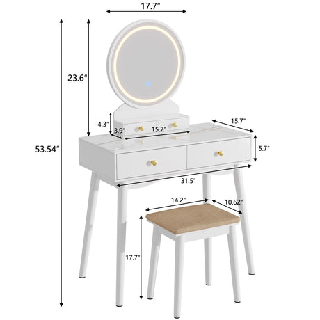 Vanity Desk with Round Mirror and Lights, Vanity Table Makeup Desk 4 Storage Drawers 3 Adjustable Colors LED Lights Matched Soft Cushioned Stool for Girls Bedroom (White) …