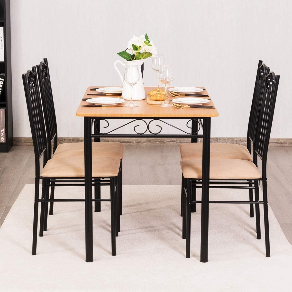 5-Piece Dining Table Set, Rectangular Dining Table with 4 Cushioned Chairs