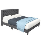 Full Bed Frame with Button Tufted Headboard, Modern Fabric Upholstered Platform Bed