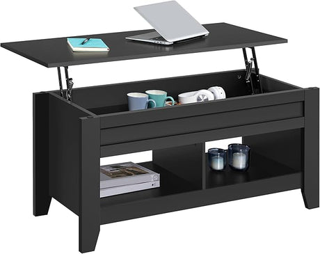 Black Wood Coffee Table Lift Up Coffee Table w/Hidden Storage & 2 Open Shelves