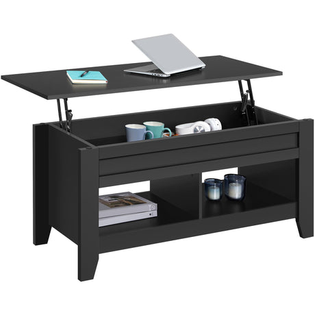 Black Wood Coffee Table Lift Up Coffee Table w/Hidden Storage & 2 Open Shelves