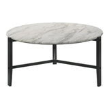 Zuko 36 Inch Round Coffee Table, Faux Marble Design, Interlocked Legs, White, Black