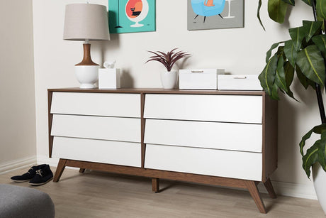 Studio Hildon Modern 6-Drawer Storage Dresser Mid-Century/Particle Board/MDF with PU Paper/White/Walnut Brown