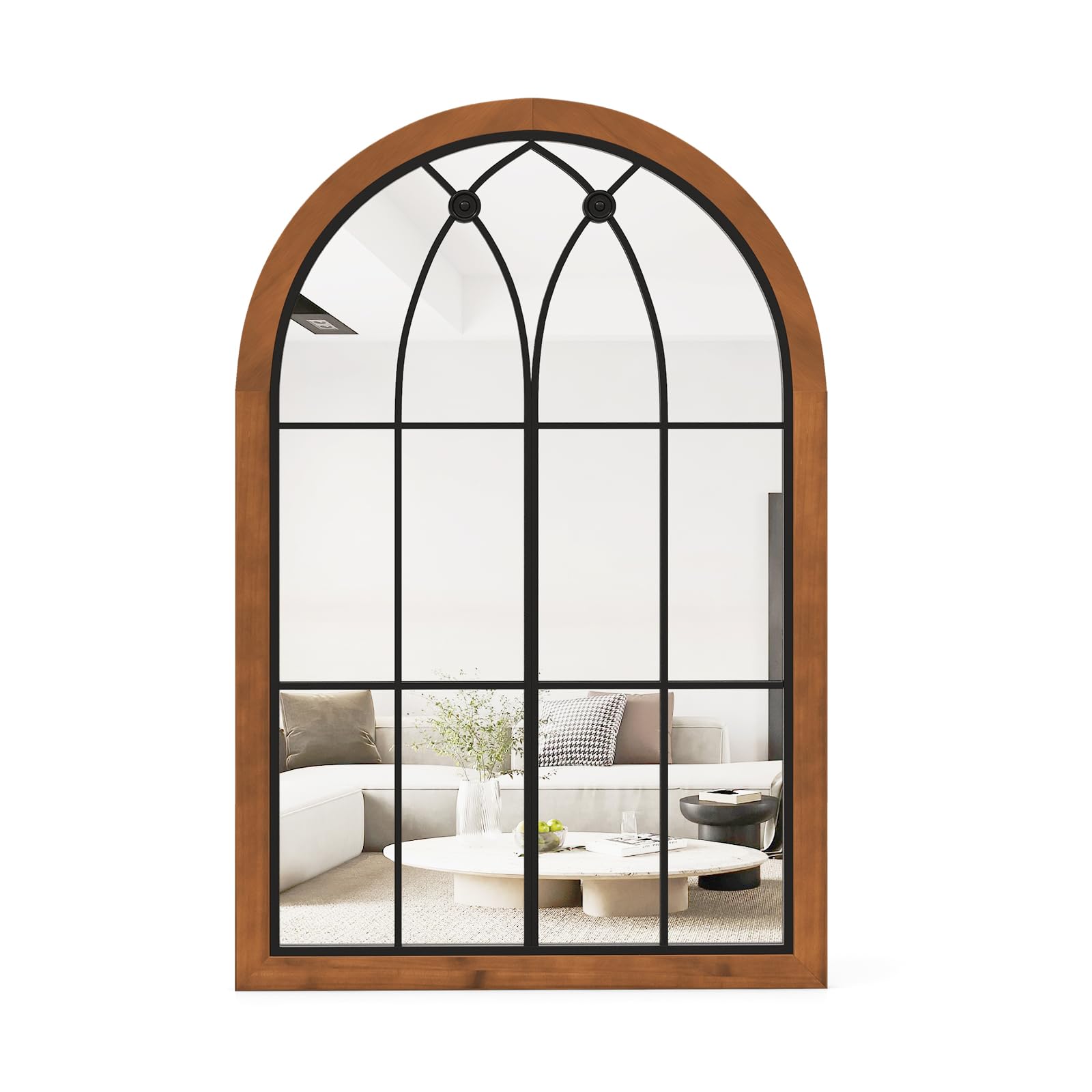 Arched Window Wall Mirror, 36''L x 24''W Farmhouse Accent Mirror, Rustic Wood Framed Mirror for Living Room Entryway Hallway Mantel Kitchen Wall Decor
