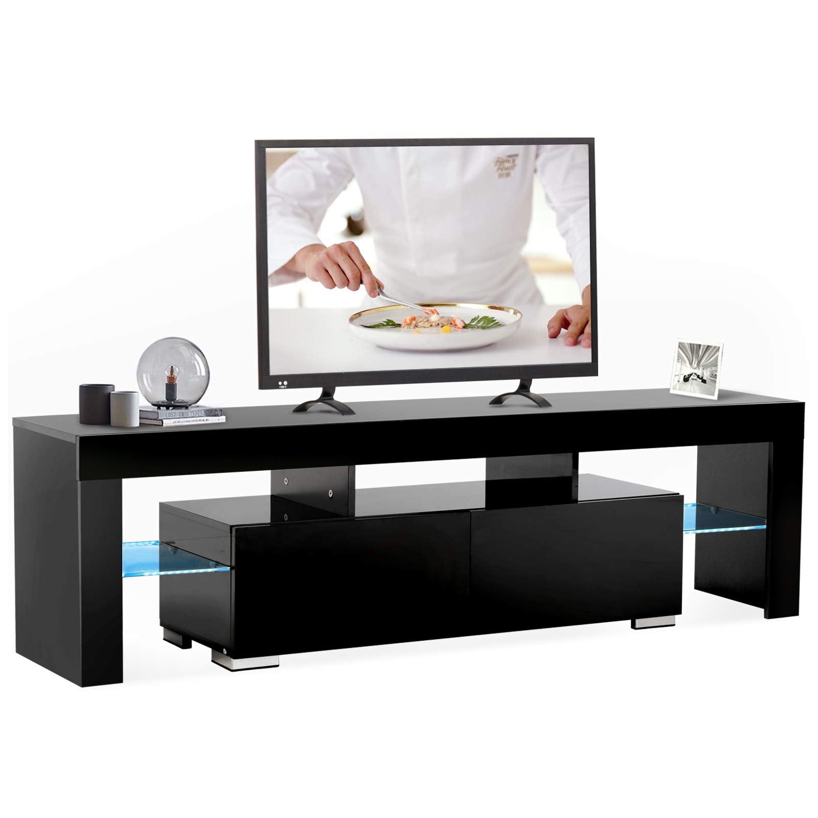Black TV Stand,12 Colors LED TV Stand with Remote Control Lights,High Gloss TV Cabinet