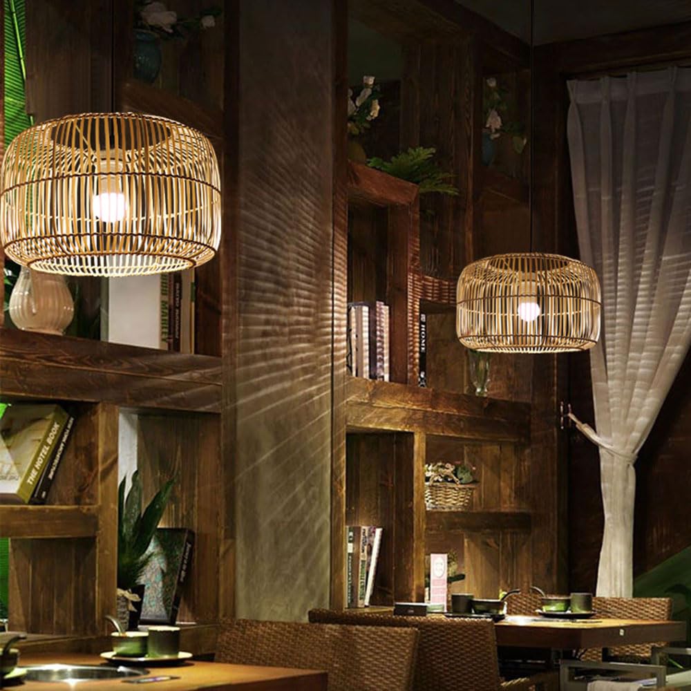 Bamboo Basket Pendant Light - Hollow Creative Lamp Shade Bohemian Wicker Lantern Ceiling Chandelier