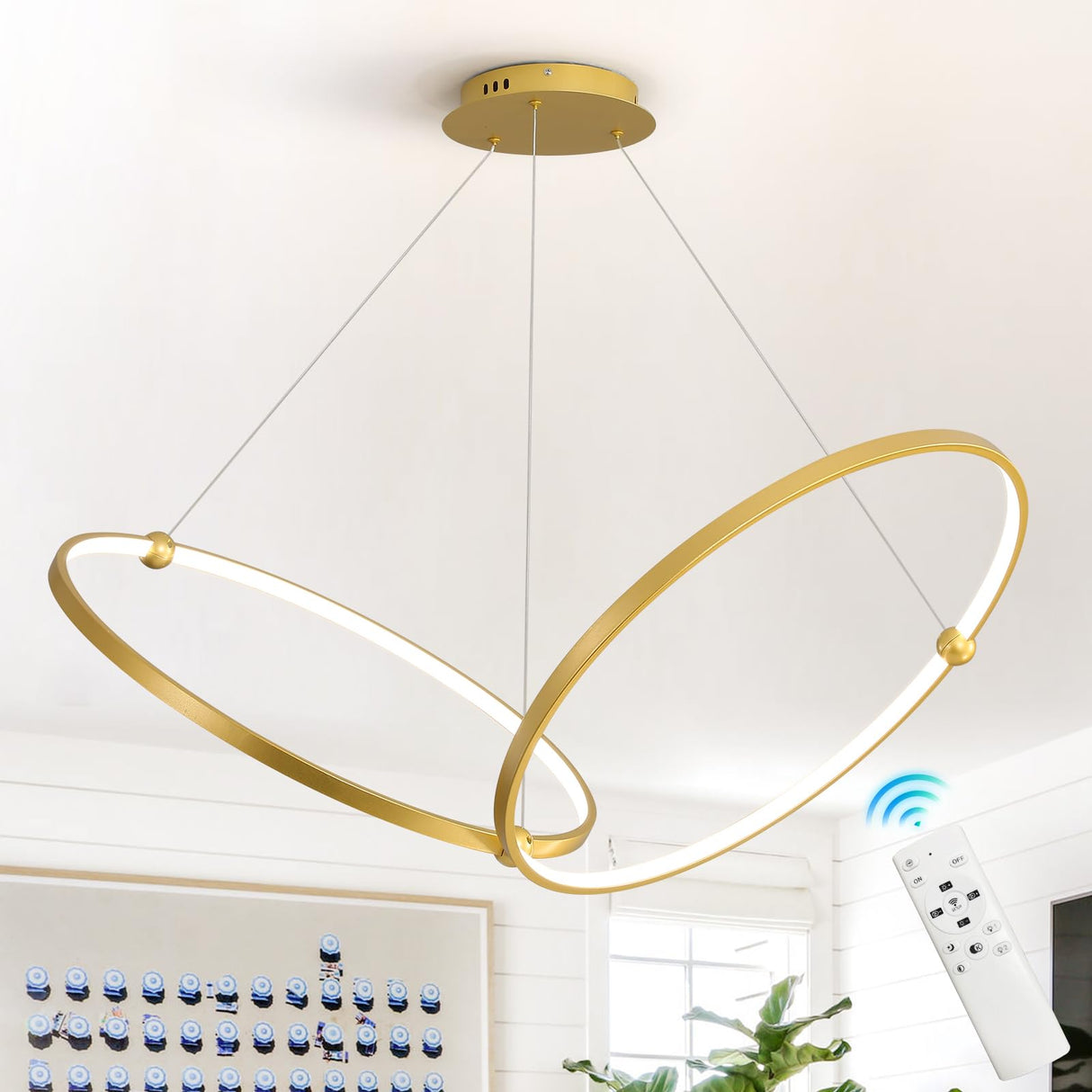 Gold Modern Chandelier Remote Control 2-Ring LED Chandelier Dimmable Pendant