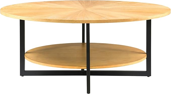 Oval Coffee Table with Storage Shelf, 43.3” Farmhouse Sofa Center Table