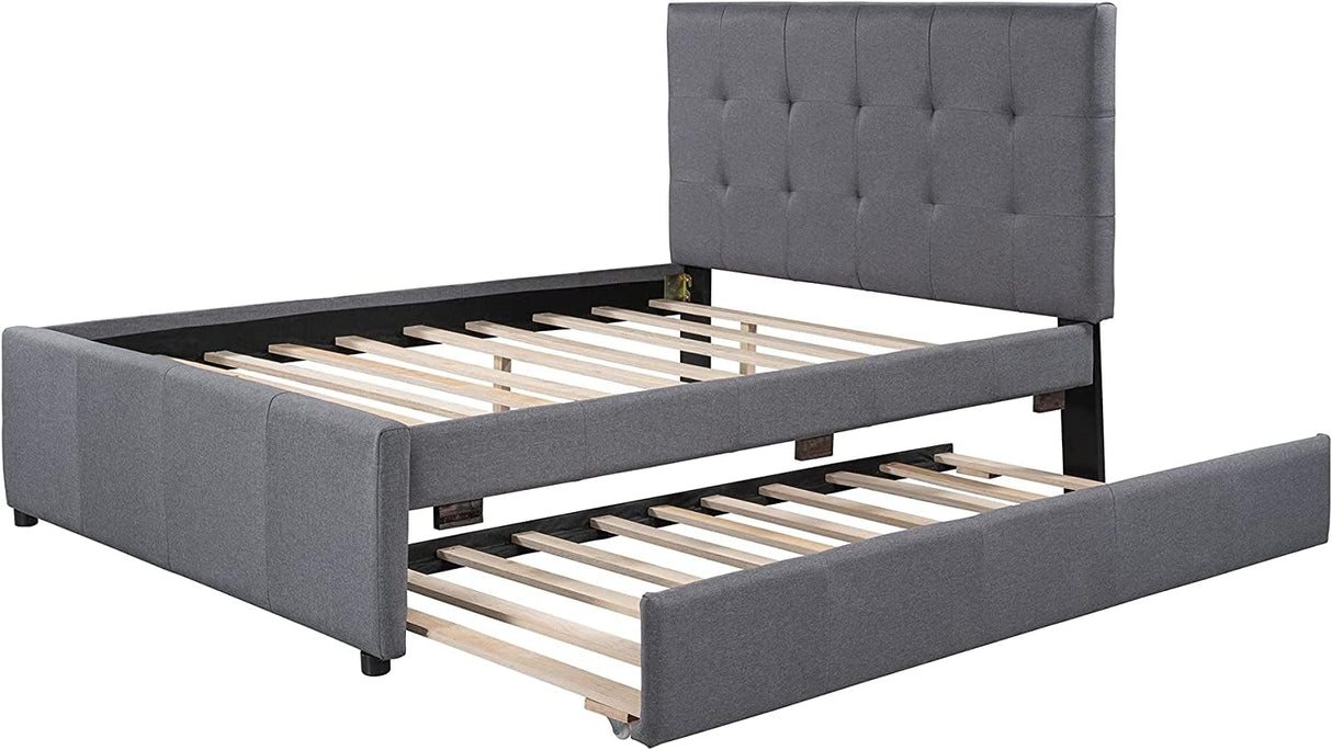 Upholstered Full Size Platform Bed with Trundle for Kids Bedroom,Linen Fabric Bedframe