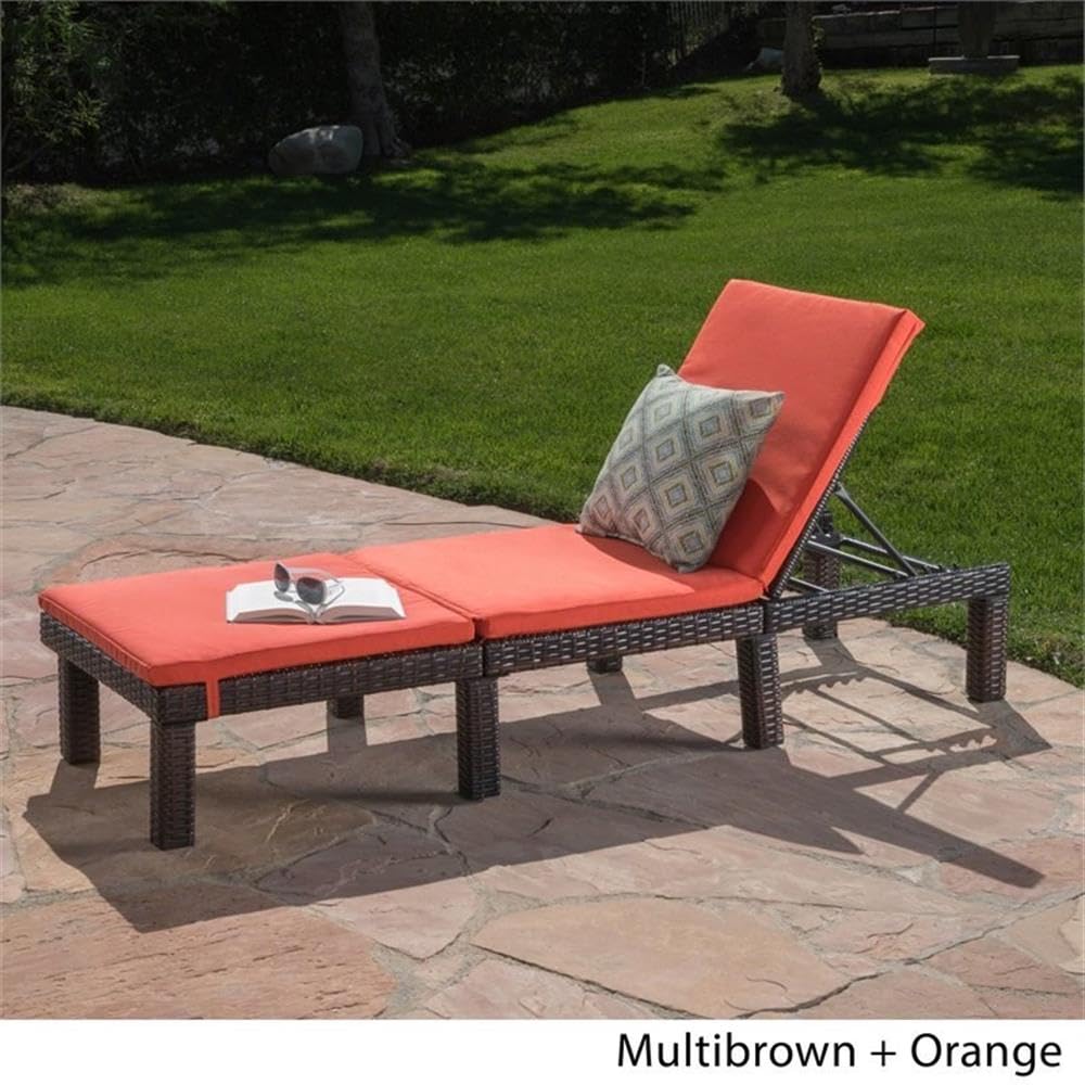 Outdoor Wicker Chaise Lounge with Water Resistant Cushion, Multibrown / Orange