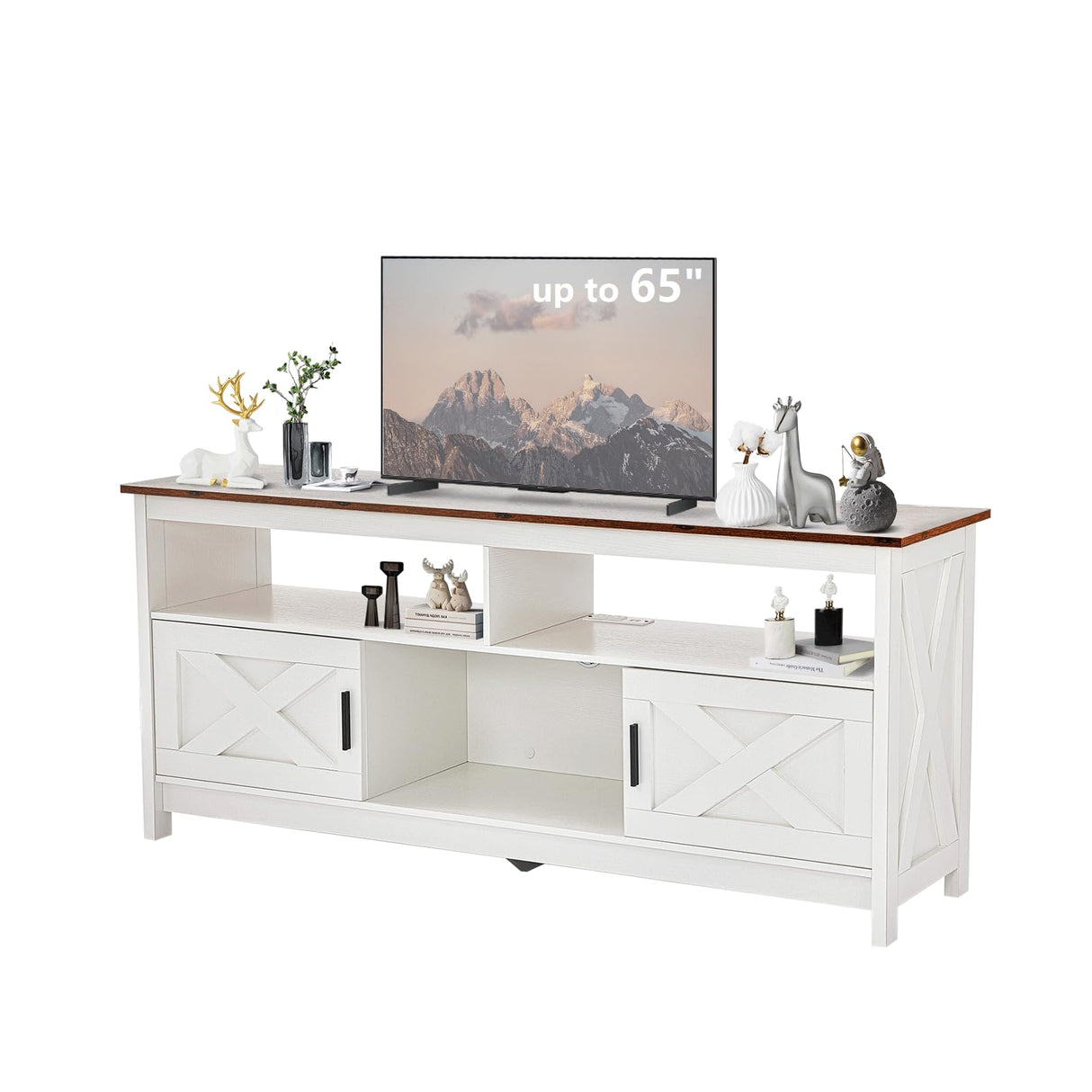 Farmhouse TV Console, Entertainment Center with Power Outlets for TVs up to 65 Inch,