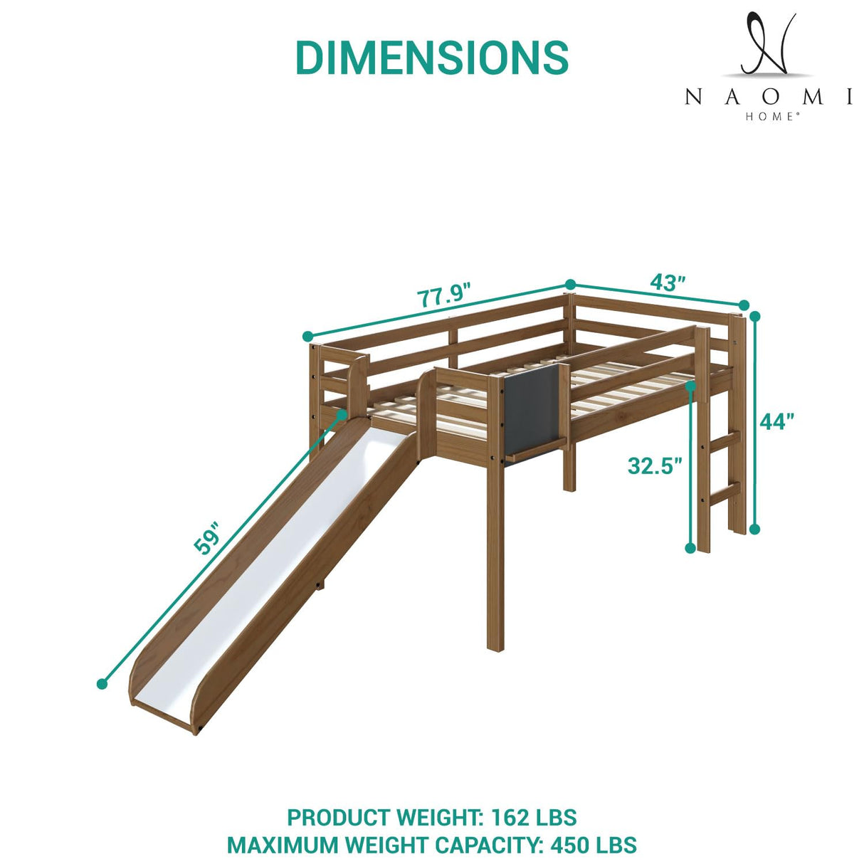 Cindy Kids Loft Bed with Slide, Twin Loft Bed with Slide, Toddler Loft Bed