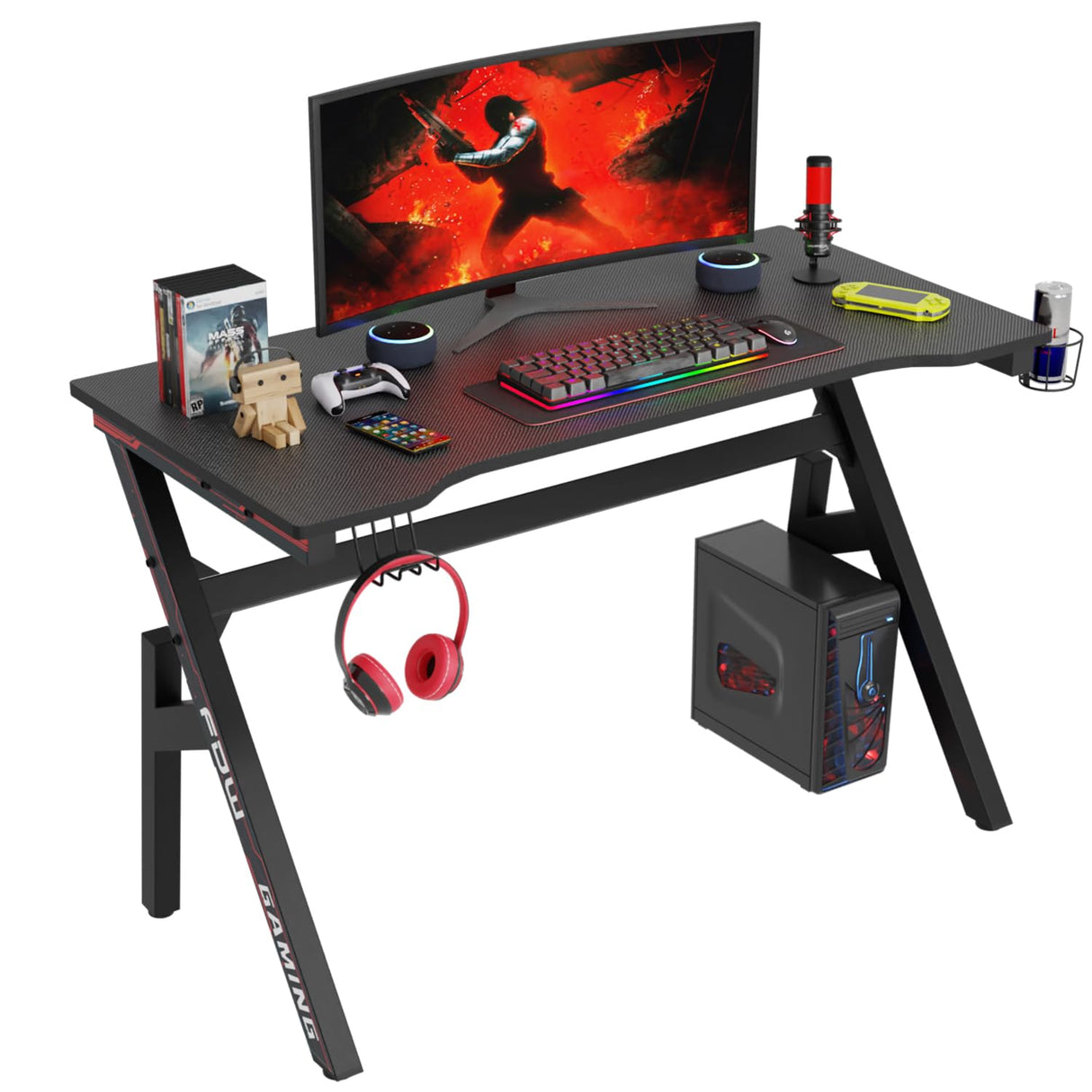 47 Inch Gaming Desk PC Carbon Fiber Table Ultimate Gamer Workstation with Cup Holder