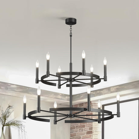 40 Inch Wagon Wheel Chandelier 12 Light, 2 Tier Large Chandeliers for High Ceilings,