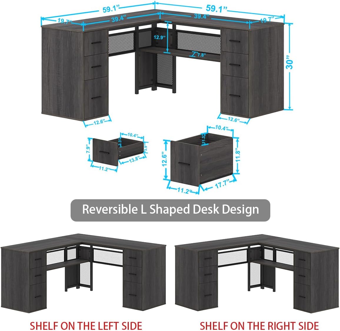 HSH L Shaped Corner Home Office Desk with Drawers, Large Computer Desk with Storage File Cabinet Shelves, Rustic Wood Metal Computer Table for Bedroom Executive Work Study Writing, Dark Gray, 59 Inch