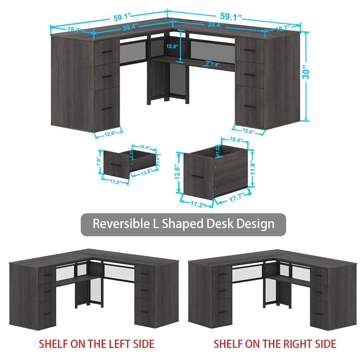 HSH L Shaped Corner Home Office Desk with Drawers, Large Computer Desk with Storage File Cabinet Shelves, Rustic Wood Metal Computer Table for Bedroom Executive Work Study Writing, Dark Gray, 59 Inch