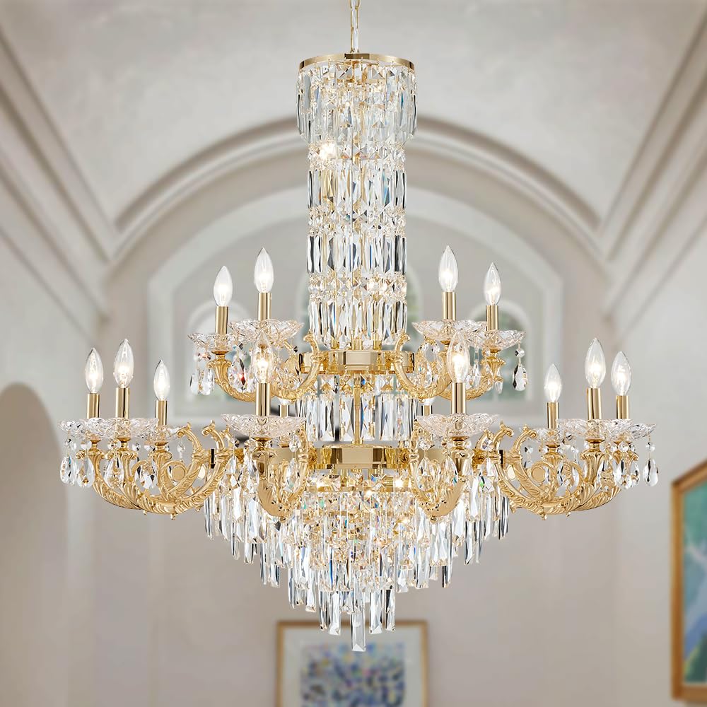 Gold Crystal Contemporary Chandelier Foyer Entryway Lighting, 2-Tier Large Foyer