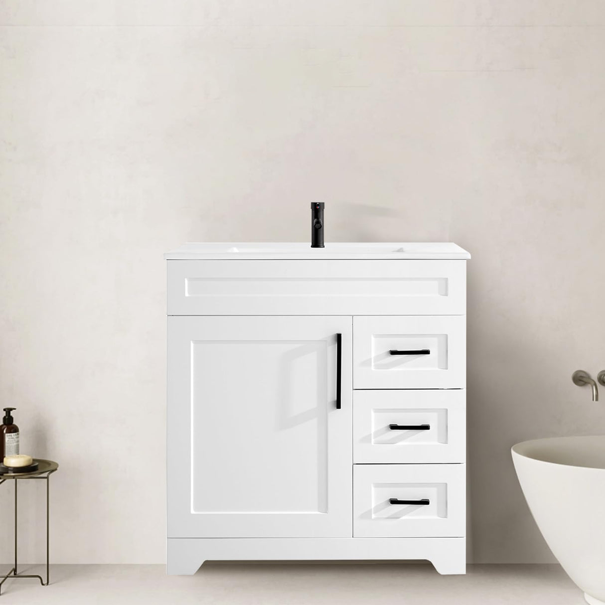 BUPWHEK 30” Luxurious Bathroom Vanity with Ceramic Sink Combo, White Bathroom Cabinet with 1 Soft Closing Door & 3 Full Extension Drawers, Faucet and Pop Up Drain Included