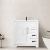 BUPWHEK 30” Luxurious Bathroom Vanity with Ceramic Sink Combo, White Bathroom Cabinet with 1 Soft Closing Door & 3 Full Extension Drawers, Faucet and Pop Up Drain Included