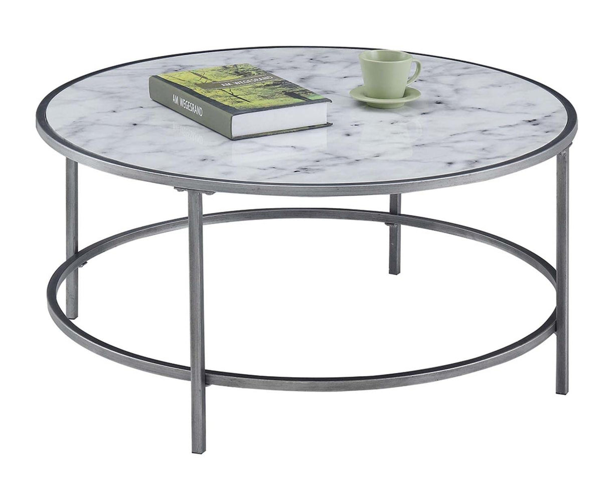 Gold Coast Faux Marble Round Coffee Table, White Faux Marble / Silver Frame