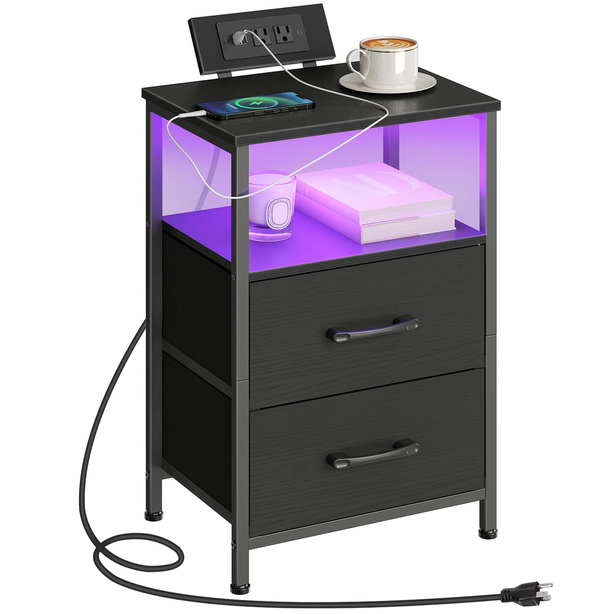 Nightstand with Charging Station, Bedside Table with LED Lights and 2 Fabric Drawers