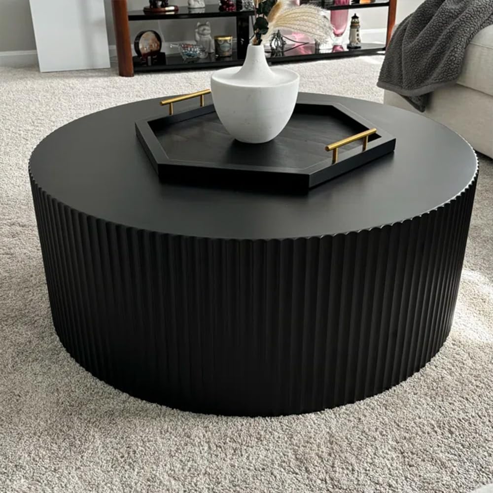 Black Round Coffee Table Modern Side Table End Table for Living Room, Wood Circle Drum Coffee Table Contemporary Living Room End Table Side Table, Matte Black (ø35.4'' x 13.7'')