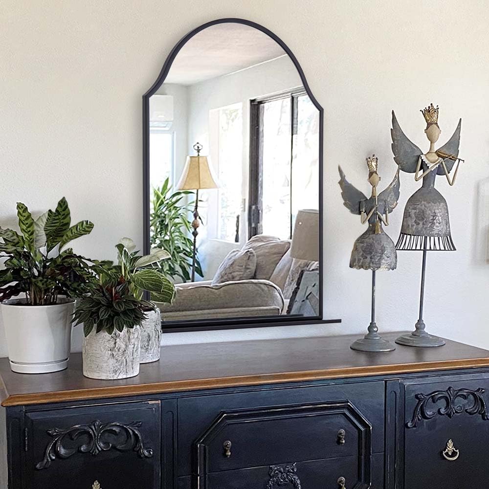 30x20 Black Arch Mirror with Shelf - Matte Metal Frame Wall Mirror