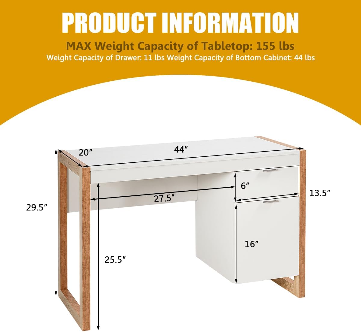 White Desk with Drawer & Cabinet, Wooden Home Office Desk