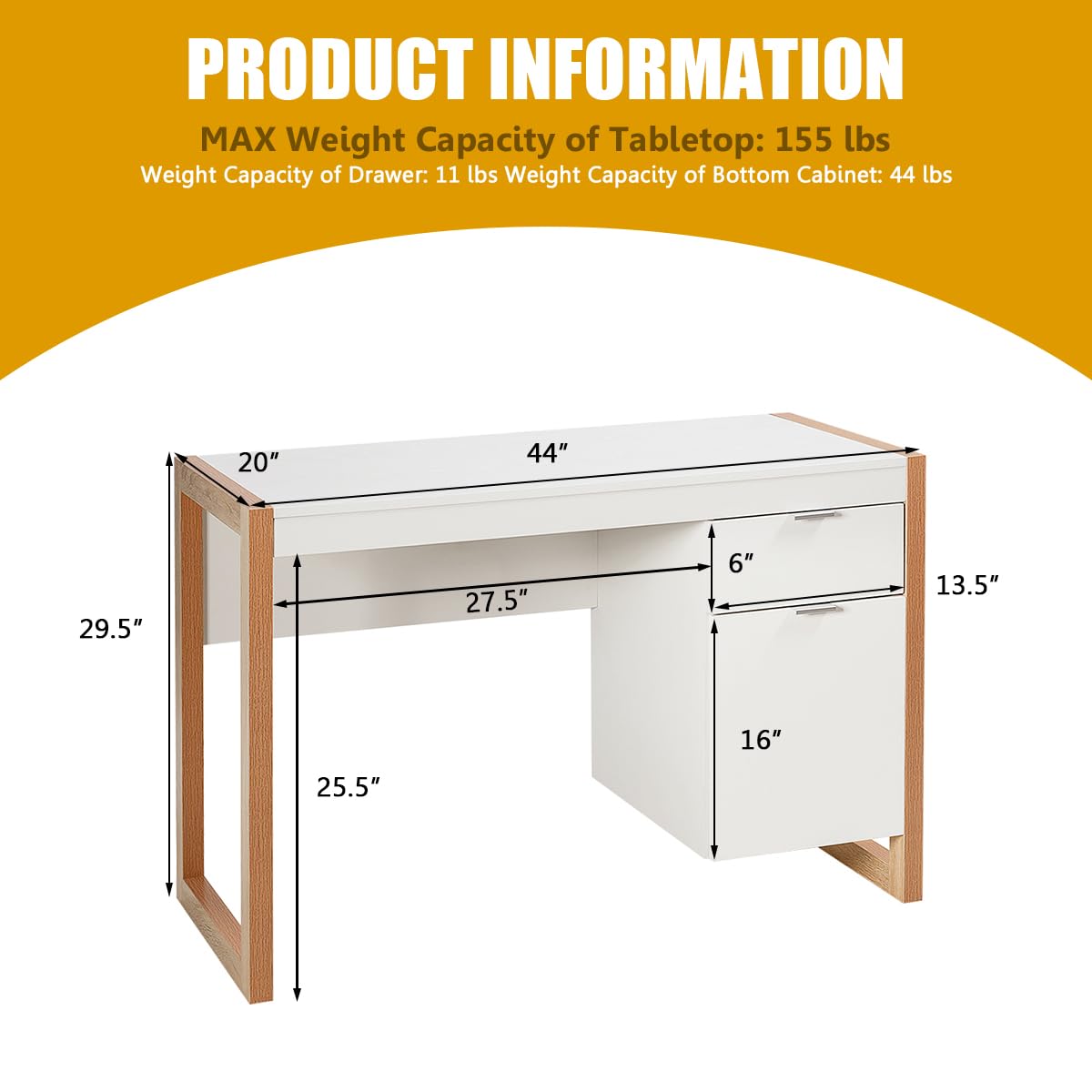 White Desk with Drawer & Cabinet, Wooden Home Office Desk