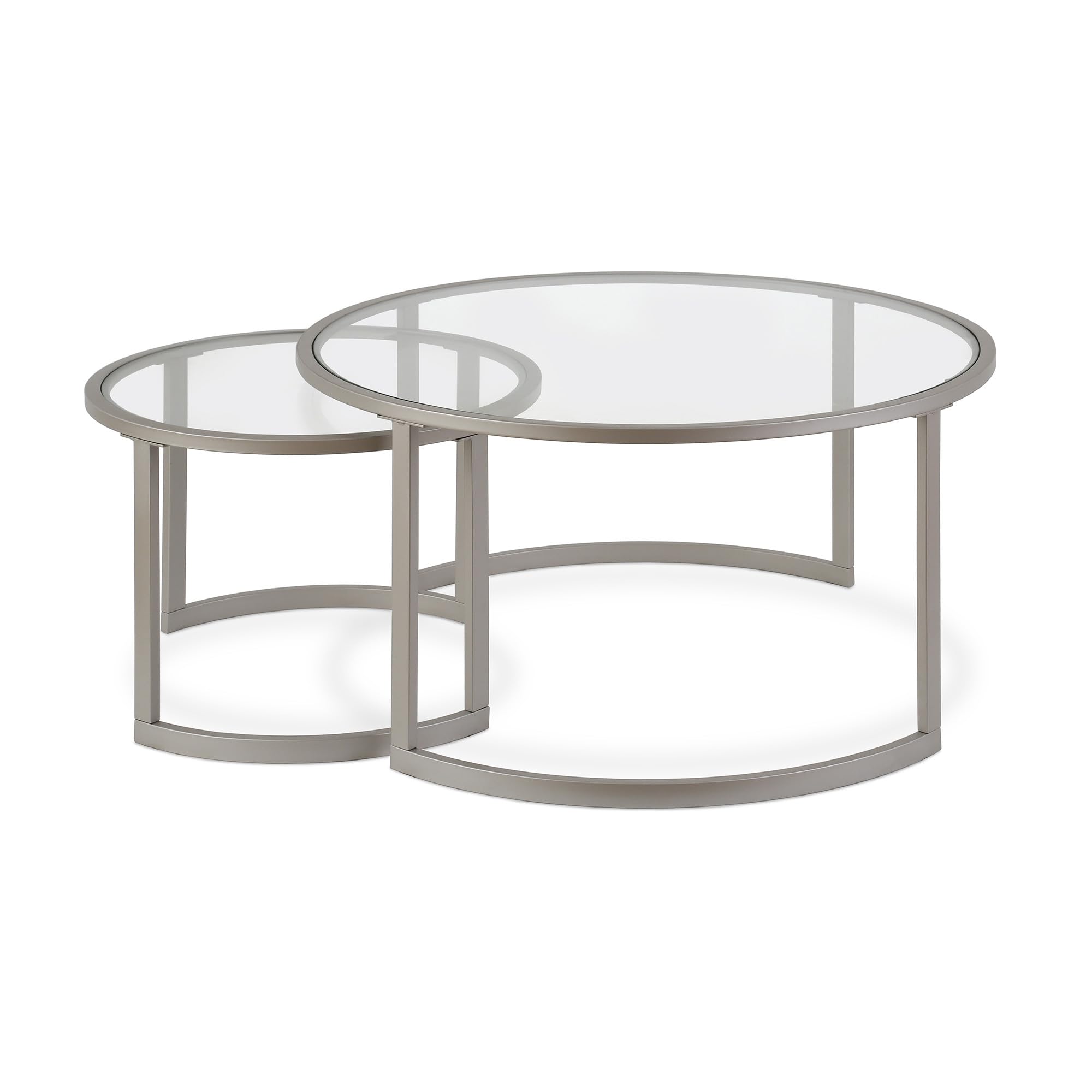 Set of Two 36" Nickel Glass and Steel Round Nested Coffee Tables