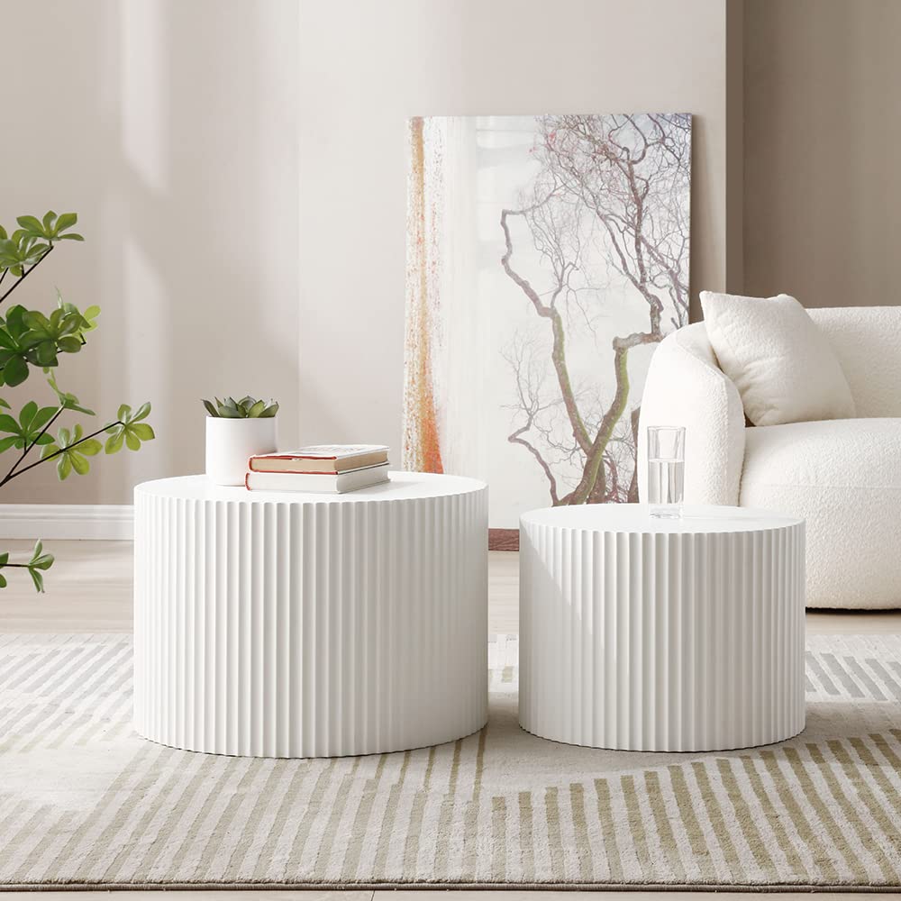 White Round Coffee Table Set of 2, Nesting Coffee Tables for Living Room