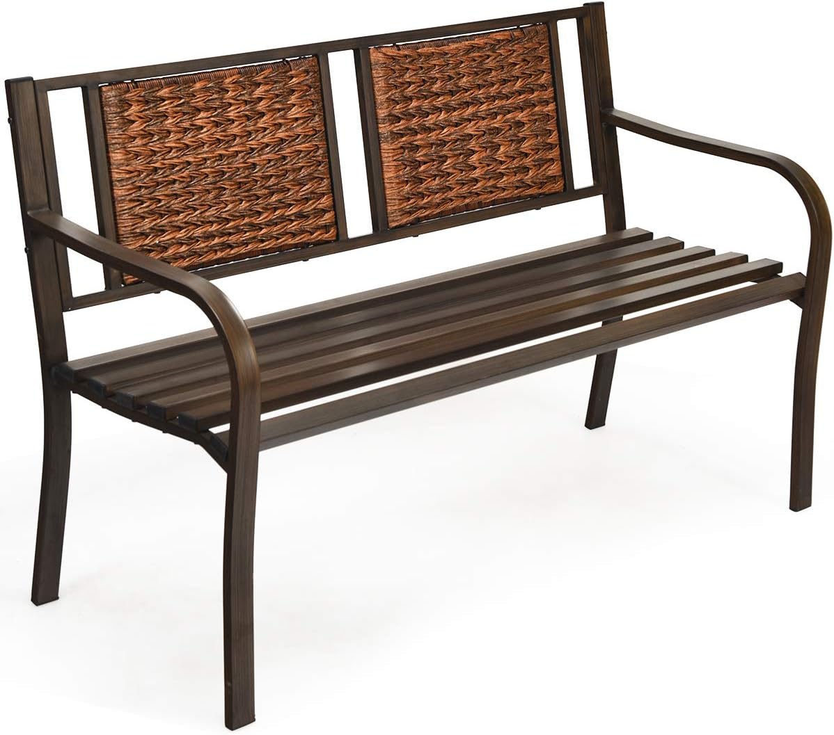 Outdoor Garden Bench, Brown, Iron, Metal, Polyethylene, Rattan, 50.5 in Width, 2 Adults