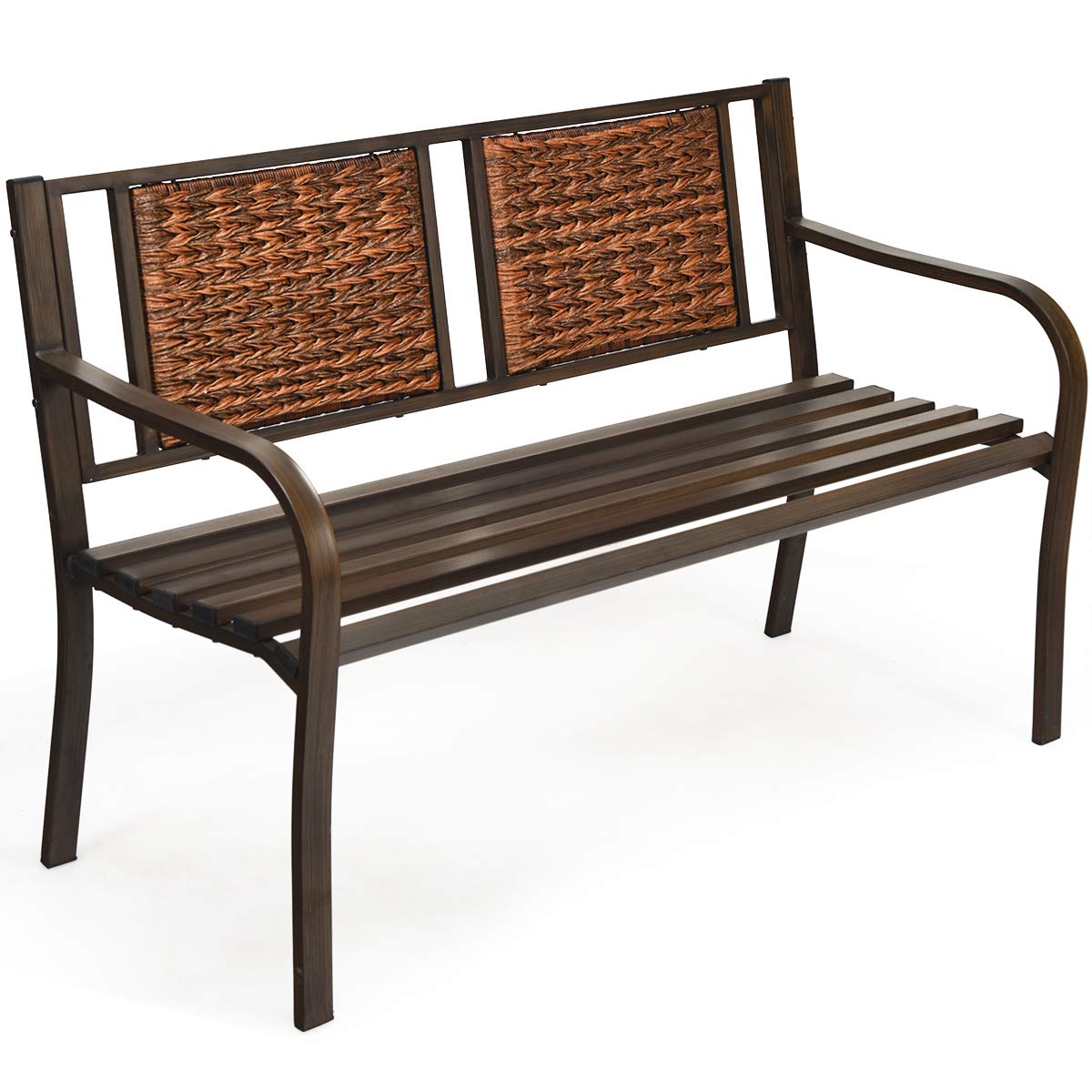 Outdoor Garden Bench, Brown, Iron, Metal, Polyethylene, Rattan, 50.5 in Width, 2 Adults