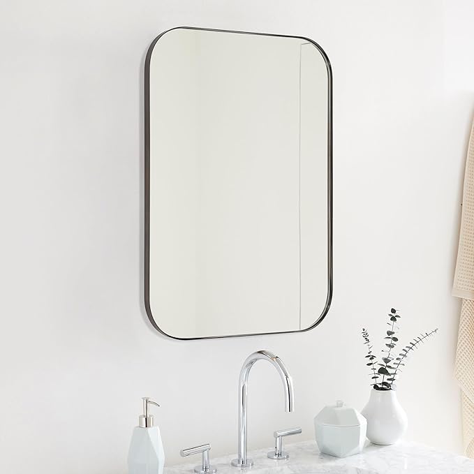 22x30'' Oil Rubbed Bronze Rounded Rectangle Bathroom Vanity Wall Mirror Stainless Steel Metal Framed Rectangular Bathroom Mirror, Vertical and Horizontal Hanging