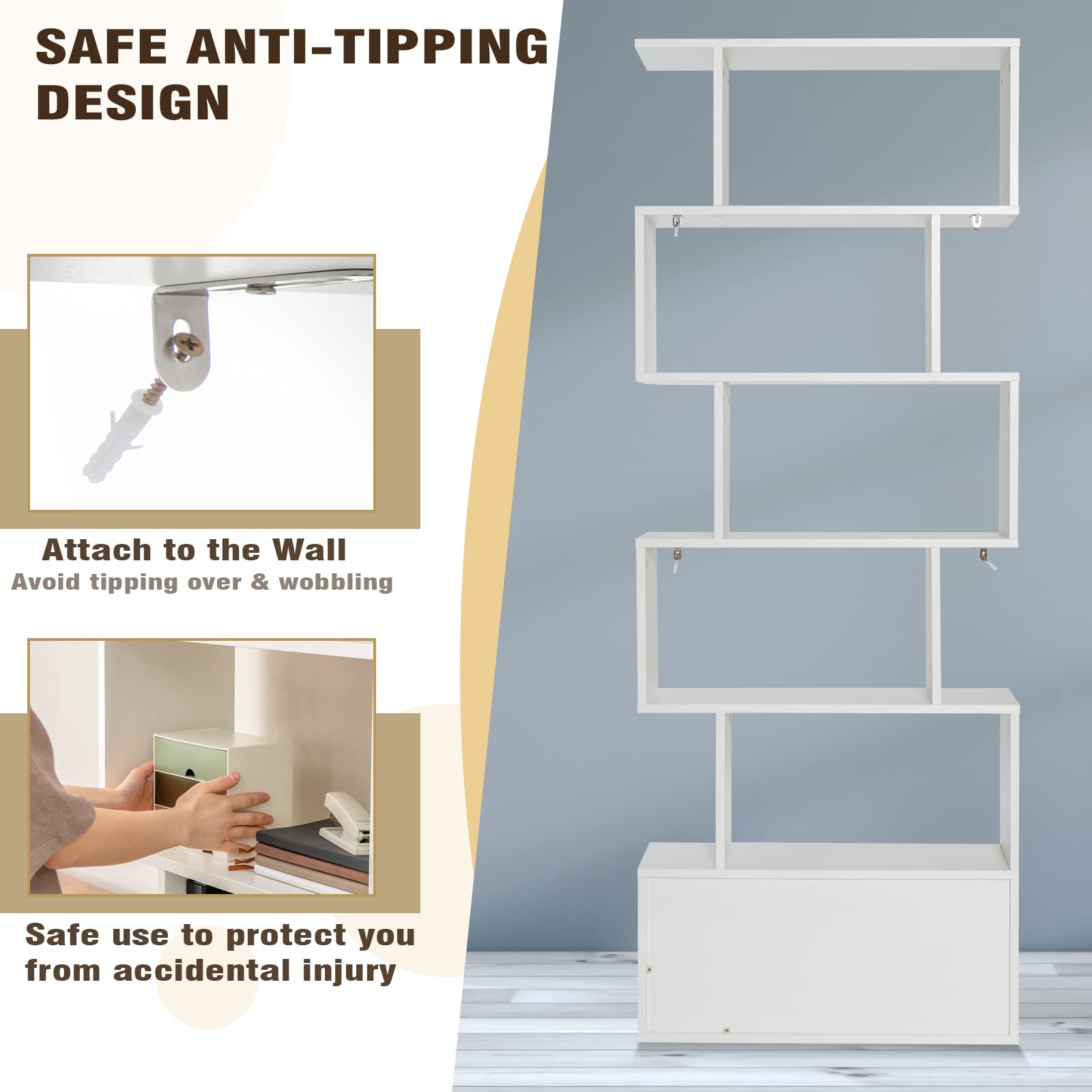 6-Tier Geometric Bookcase with Cabinet, Freestanding Display Shelves