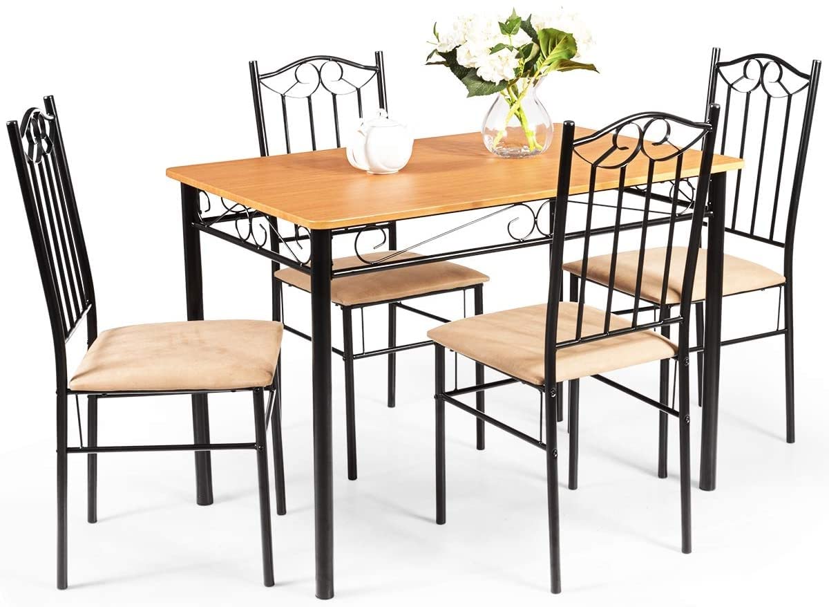 5-Piece Dining Table Set, Rectangular Dining Table with 4 Cushioned Chairs