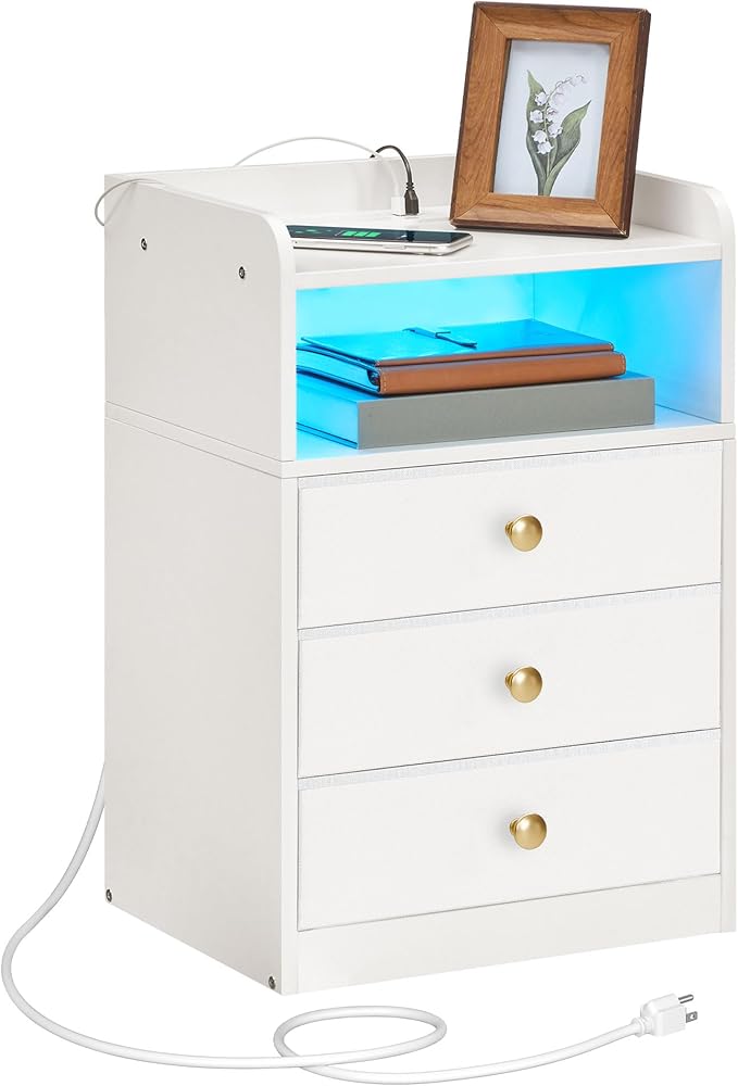 CHOEZON Nightstand with Charging Station and LED Light, Side Table