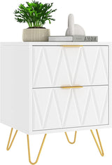 White Nightstand Set of 2, Modern Bedside Table with Gold Handles and Legs, Wood Night Stand End Table with 2 Drawers for Bedroom, Living Room