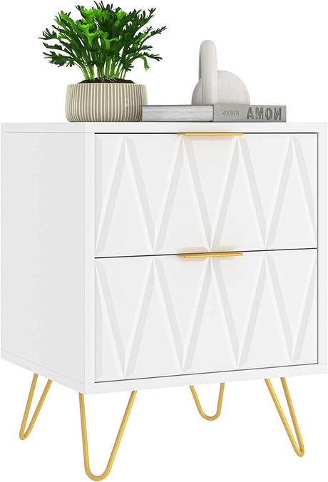 White Nightstand Set of 2, Modern Bedside Table with Gold Handles and Legs, Wood Night Stand End Table with 2 Drawers for Bedroom, Living Room