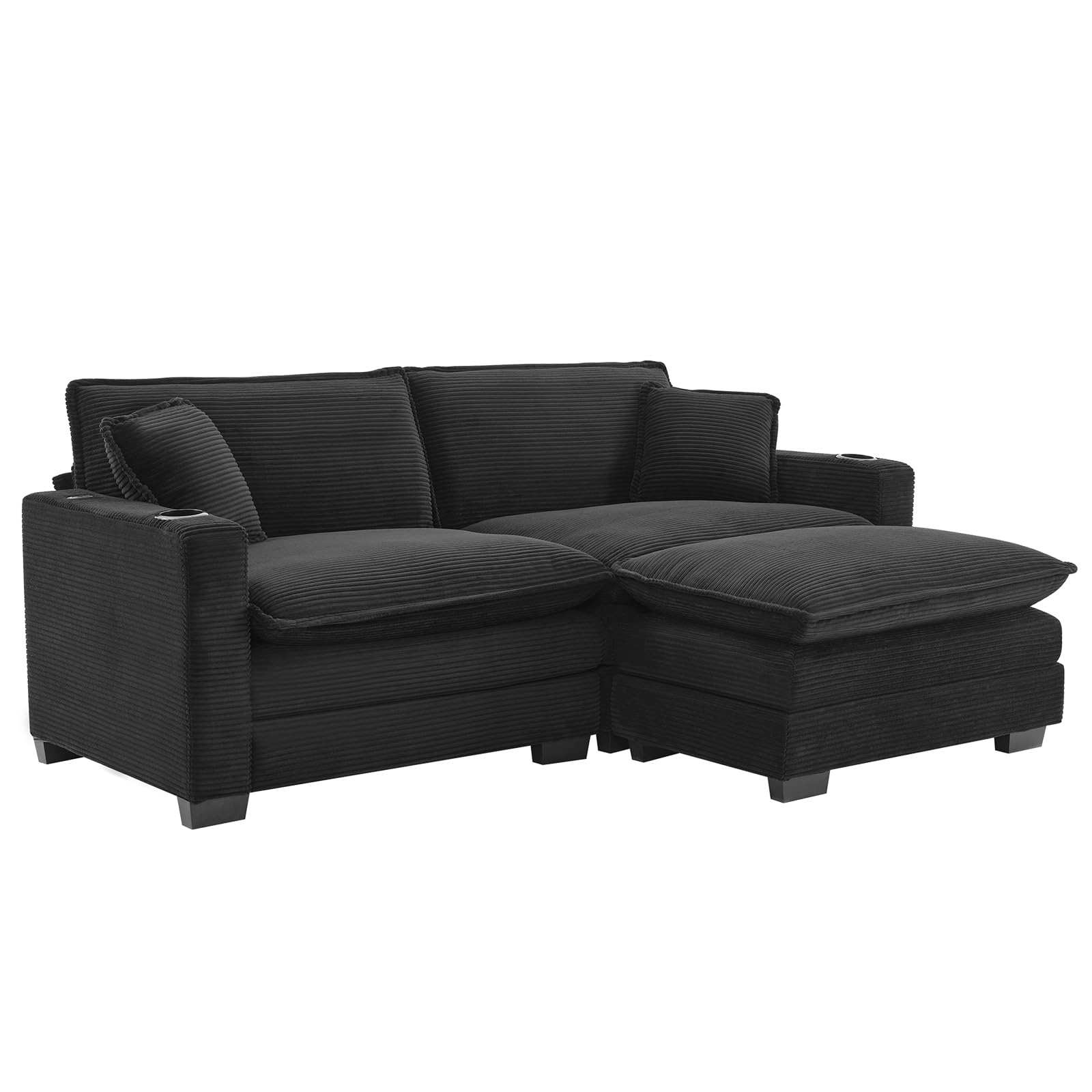 KIVENJAJA Corduroy Cloud Sectional Couch, Modular Oversized Loveseat Sofa with Ottoman, Cup Holders & USB Port, Comfy 2 Seater Love Seat for Living Room Small Space, 82.7”W, Black