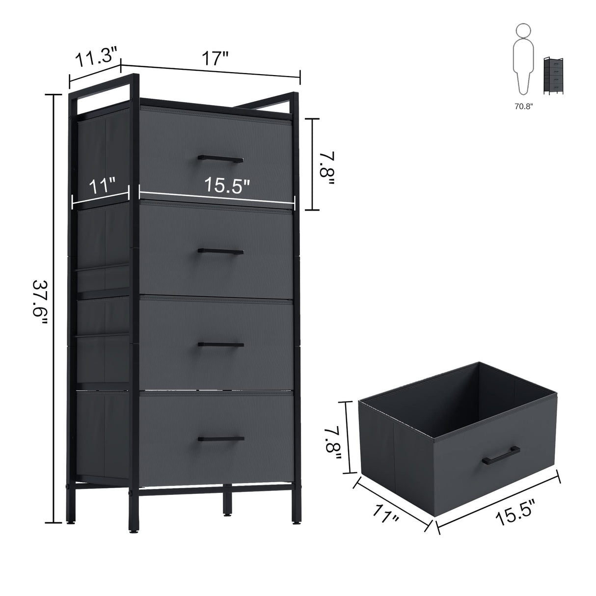 4 Drawer Dresser for Bedroom, Tall Dressers Storage Drawers, Tower Organizer Unit for Hallway, Entryway, Closets, Sturdy Steel Frame, Wood Top