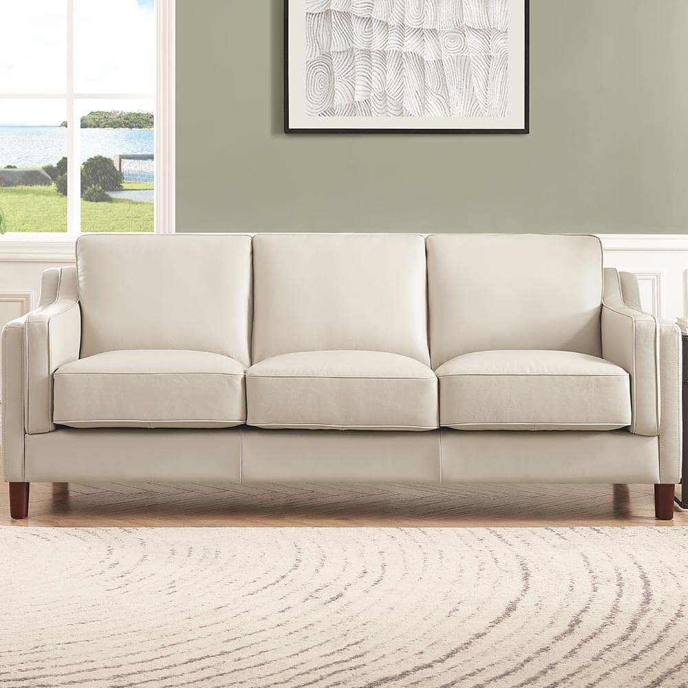 Bella Top Grain Leather Sofa Couch, 84", Vanilla White - Feather Down,