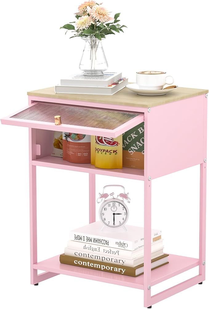 Pink Nightstand,End Tables with Storage Drawer,Bedside Table with Open Storage Shelf