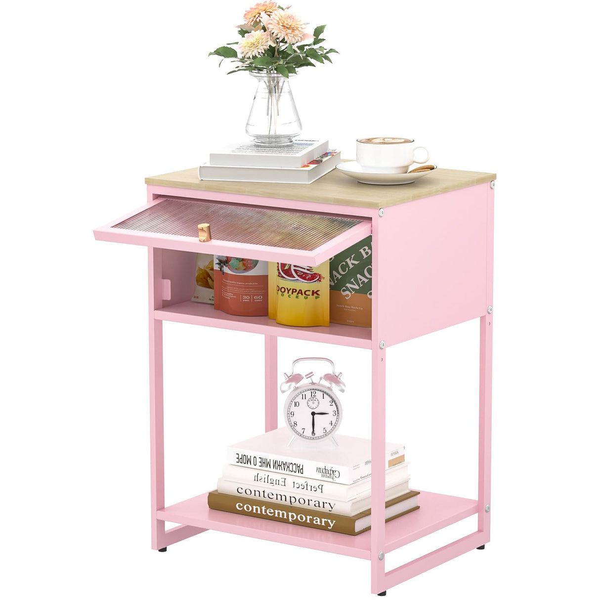 Pink Nightstand,End Tables with Storage Drawer,Bedside Table with Open Storage Shelf