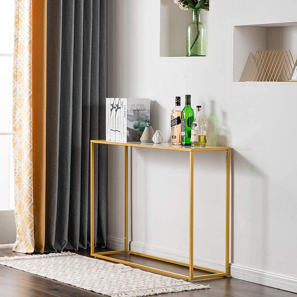 Gold Console Table,Narrow Entryway Table with Marble Top and Accent Metal Frame,