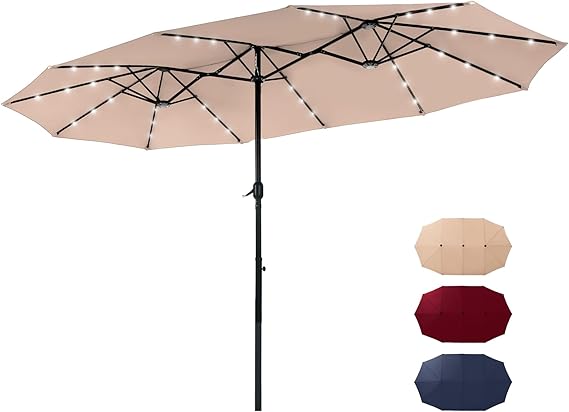 13 ft Large Patio Umbrella with Solar Lights, Double-Sided Outdoor Table Umbrella with Crank,