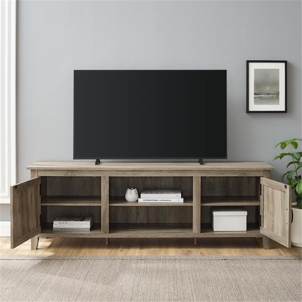 Farmhouse Rustic Wood Barn Door 70" TV Stand Console with Storage in Rustic Gray