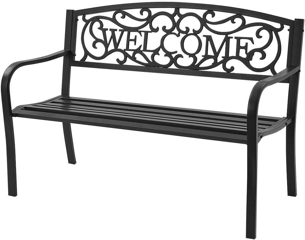 Garden Bench, Antique Metal Outside Bench w/Warm Welcome Pattern