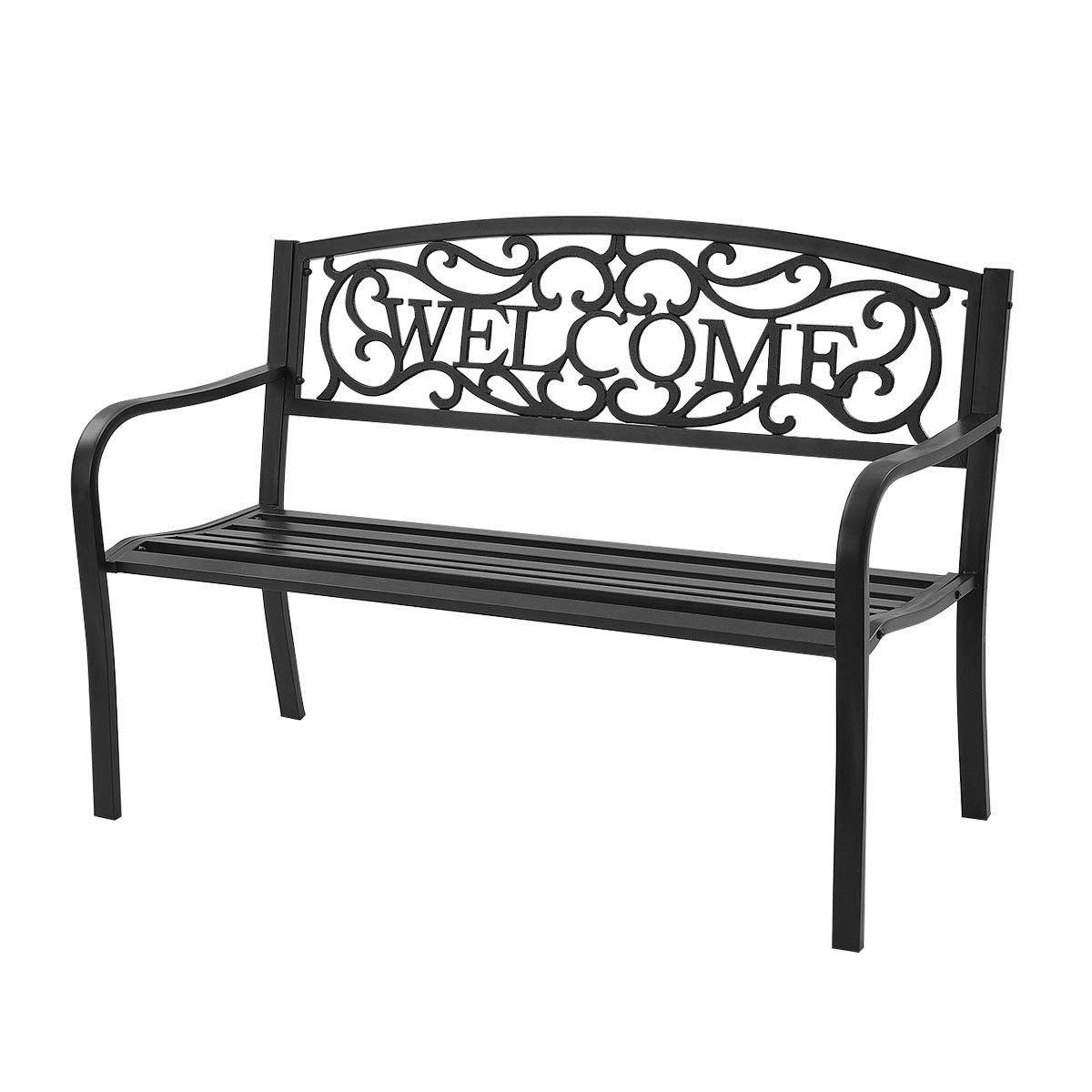 Garden Bench, Antique Metal Outside Bench w/Warm Welcome Pattern